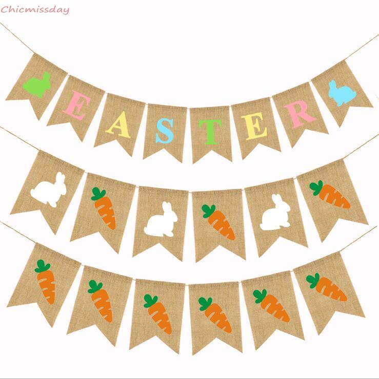 

Easter Flag Linen Hanging Banner Colored Rabbit Carrots Pull Flags Home Decor Layout Easter Decorations Party Decoration
