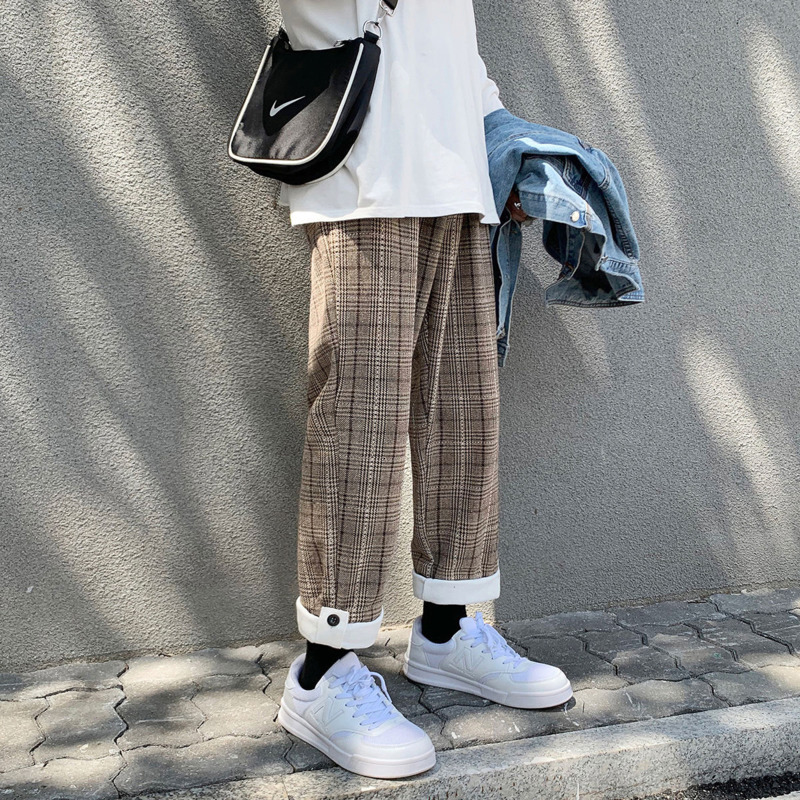

2021 New Autumn Winter Plaid Men's Fashion Retro Casual Pants Men Streetwear Wild Loose Korean Style Straight Trousers Mens S-2xl Mbpf, Khaki lattice