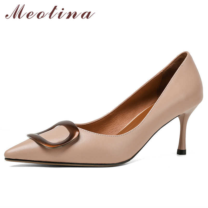 

Meotina Pointed Toe Pumps Natural Genuine Leather High Heels Thin Heel Women Shoes Metal Decoration Female Footwear Pink Green 210608