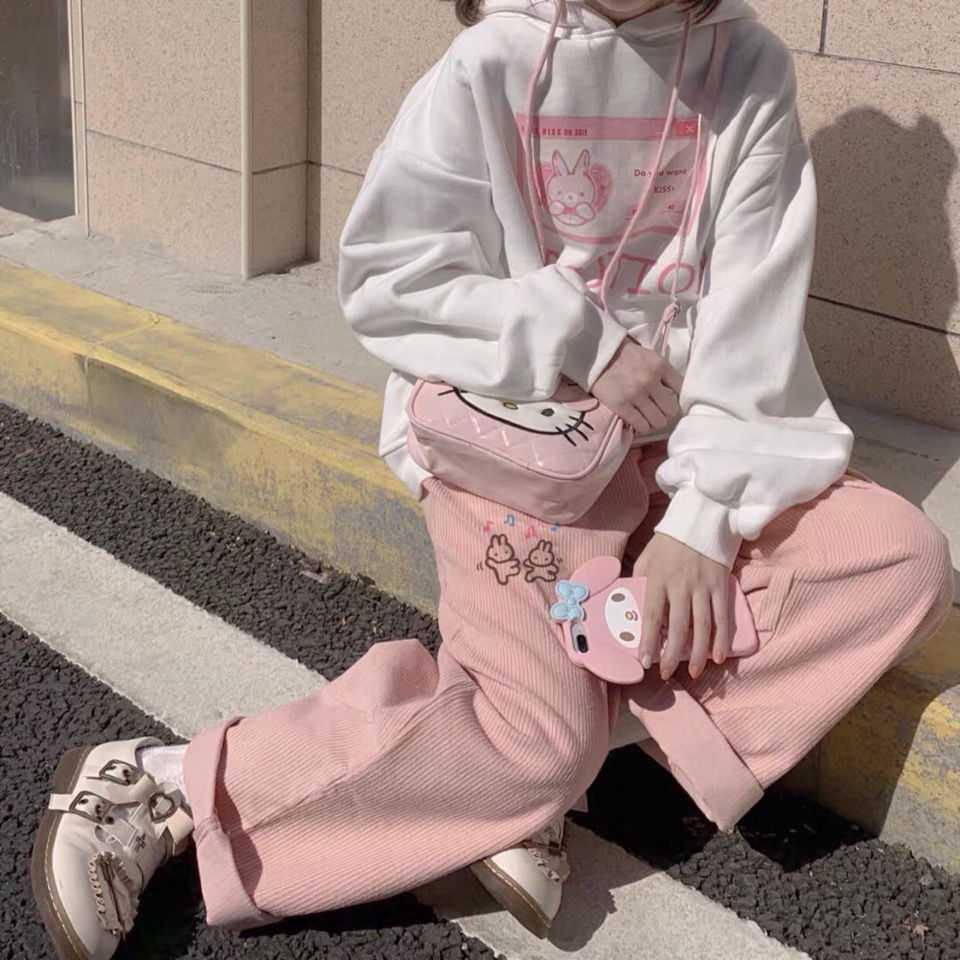 

2021 New Pink Rabbit Print Corduroy Women High Waist Straight Sweatpants Cute Sweat Trousers Oversized Baggy Pants Teens Urkm