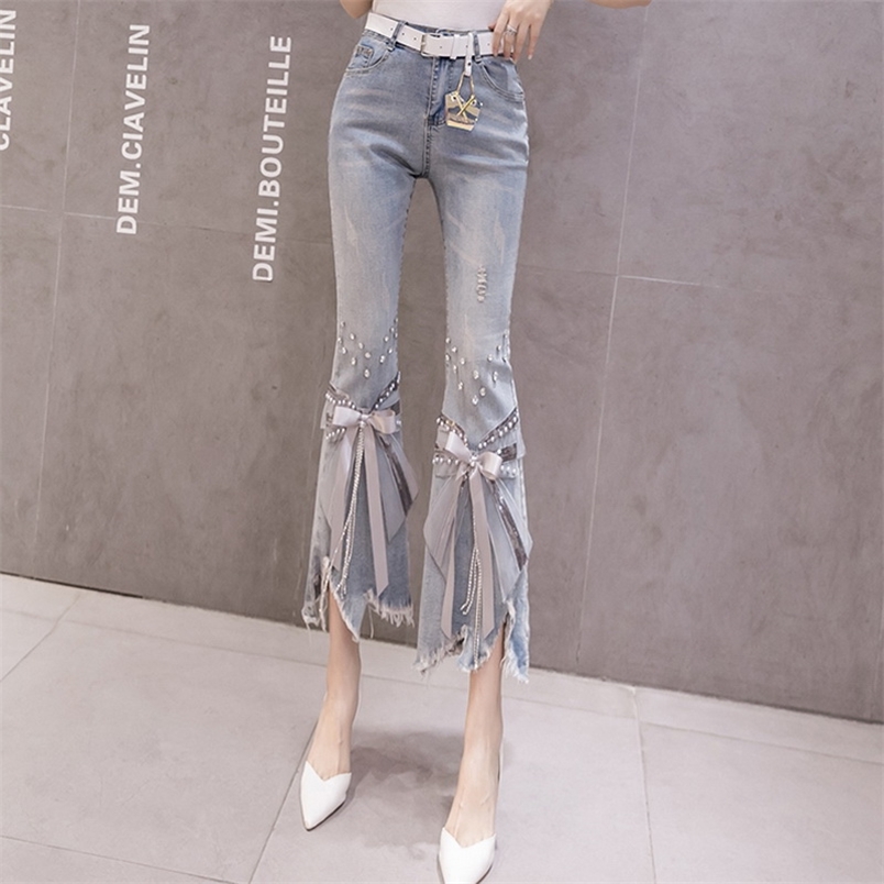 

High Waist Jeans Women Ripped Cropped Women's Spring Summer Irregular Beaded Bow Flared Denim Pants Ladies 210708, Blue