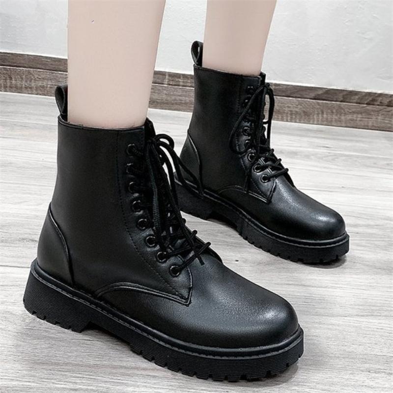 

Boots 2021 Winter Women Ankle Fashion Lace Up Round Toe Short Low Heel Botas Mujer D1255, Black