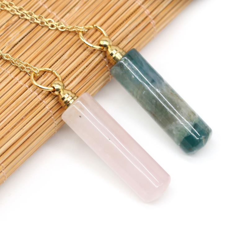 

Pendant Necklaces Natural Perfume Bottle Crystal Stone Necklace Fluorite Rose Quartzs Essential Oil Diffuser Charm Copper Chain Jewelry