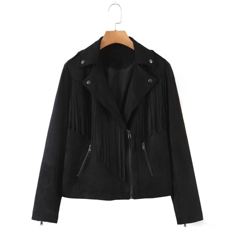 

Women's Jackets Women Tassel Decoration Black Suede Coat Female Long Sleeve Outerwear Casual Lady Loose Tops C1286, Black;brown