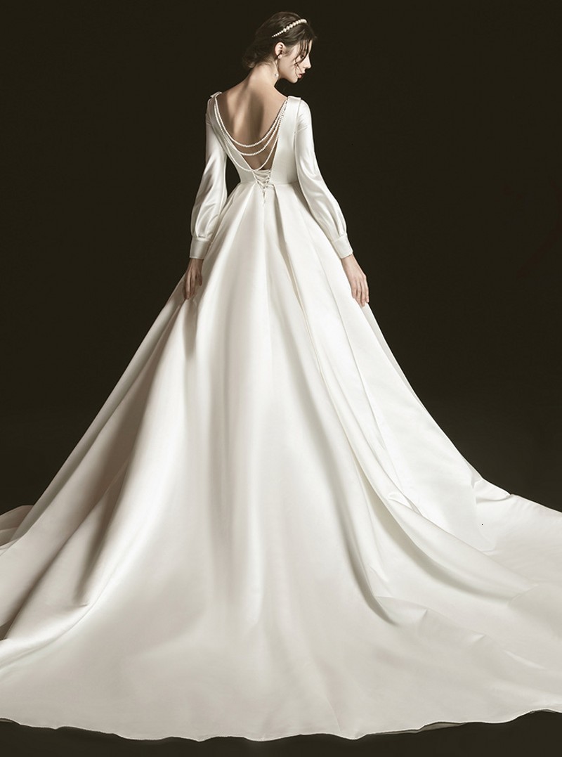A-line New Satin Wedding 2021 Sleeve Beading Pearls V-neck Backless Button Vintage Bridal Gowns 7O33
