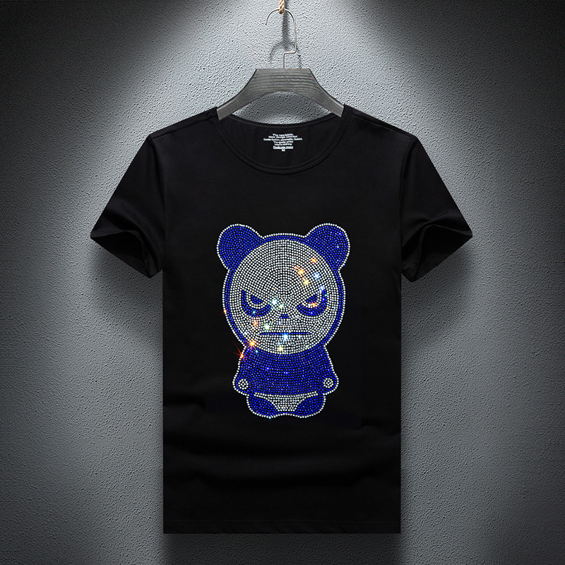 

2021 New Men's T-shirt Summer Short Sleeve Fashion Streetwear Slim Cotton Casual Tshirts Rhinestone Plus Size S-7xl Tops Tee Male 1hbe, Black