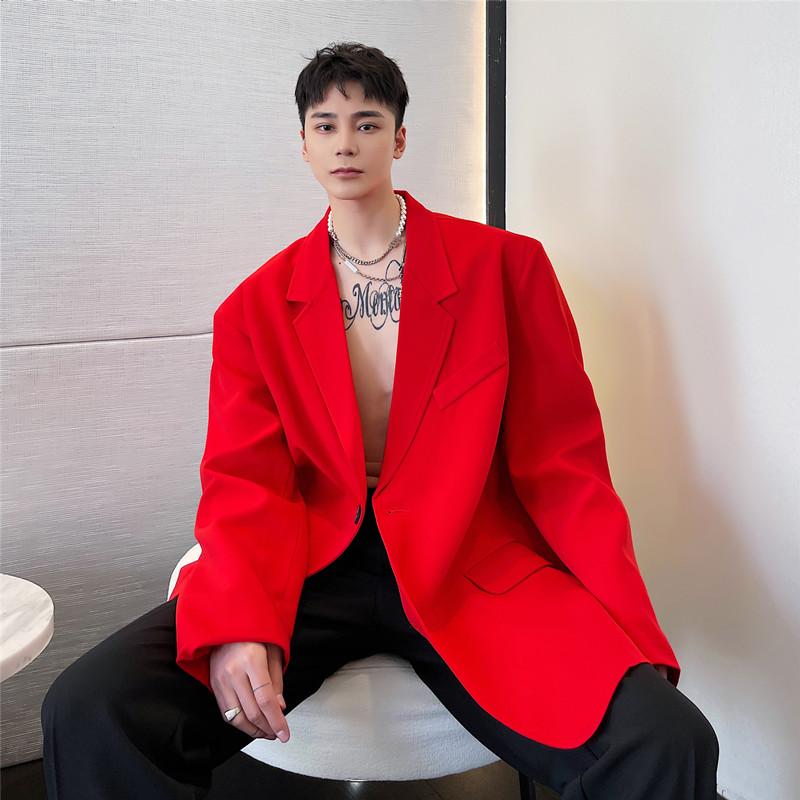 

Stage Clothing Men Vintage Fashion Casual Red Suit Blazers Jacket Outerwear Male Streetwear Hip Hop Loose Suit Coat, 6117