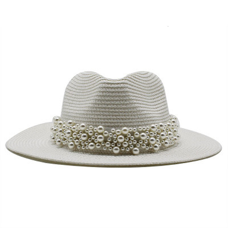 

2021 Men Summer Spring Round Top Wide Brim with Band Belt Pearl Straw Outdoor Beach Sun Protective Women Hats New 7t4u, Beige