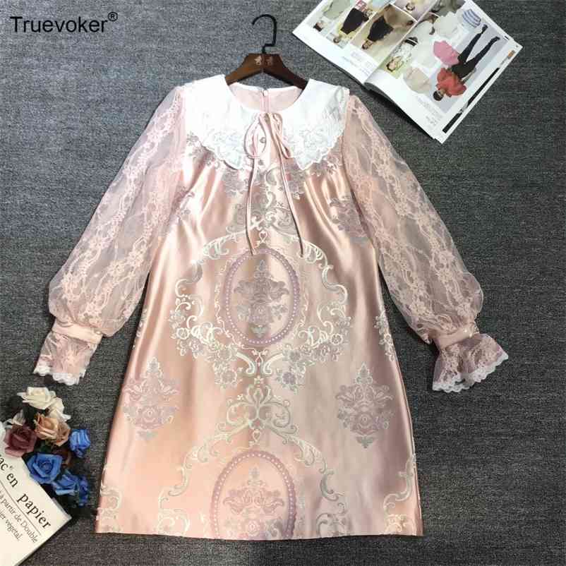 

Truevoker Spring Party Dres Lace Lantern Sleeve Peter Pan Collar Print Embossed Embroidery Lady Festa Robe 210602, Blue