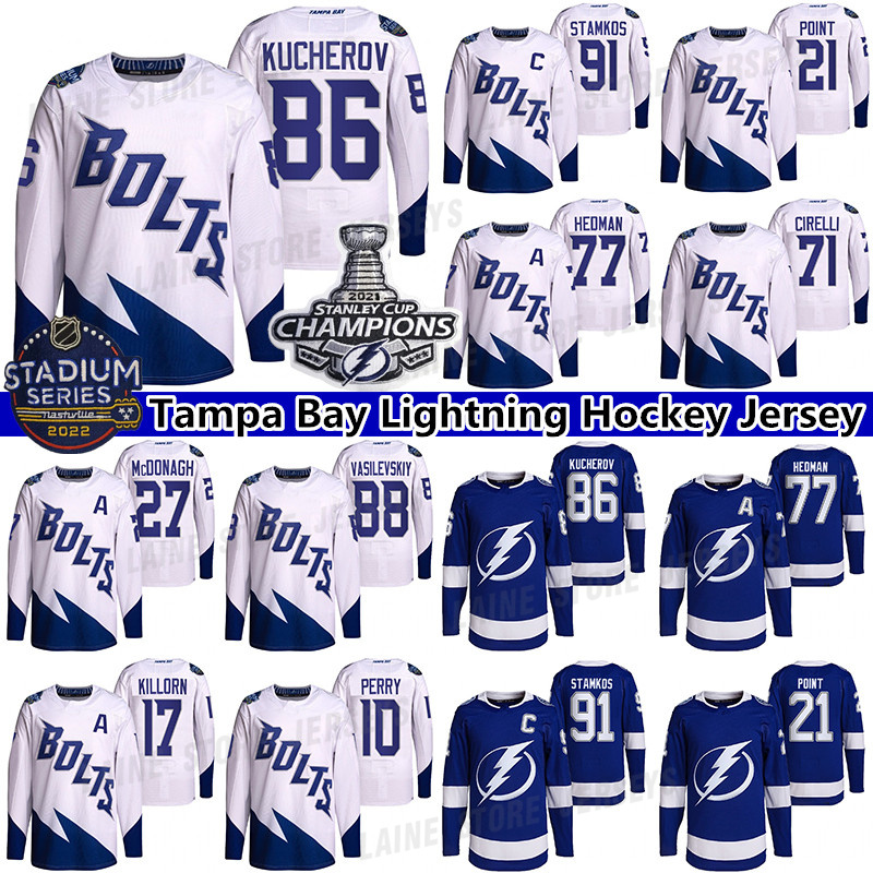 

Tampa Bay Lightning 2022 Stadium Series Jersey 86 Nikita Kucherov 77 Victor Hedman 21 Brayden Point 71 Anthony Cirelli 91 Steven Stamkos hockey jerseys, Blue