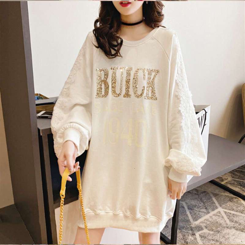 

2021 New Spring Autumn Casual Letter Print Mid Length Lace Patchwork Sweatshirt Women 3ggu, 02