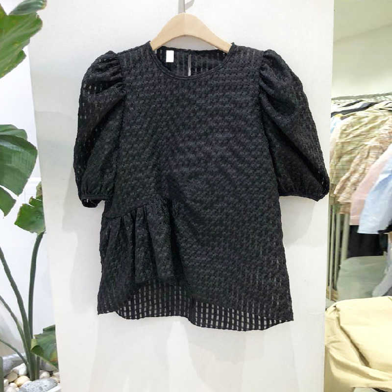

Summer Irregularly Solid O Neck Puff Sleeve Blouse Women Tops 210615, Black