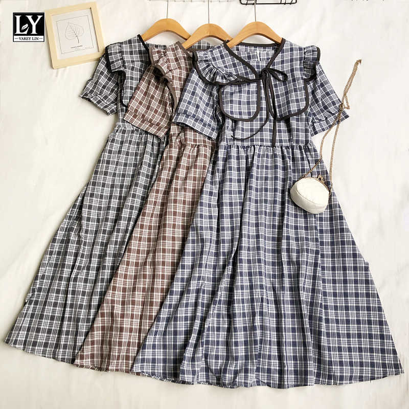 

LY VAREY LIN Summer Women Sweet Sailor Collar Plaid High Waist Dresses Female Casual Short Sleeve Slim A-line Midi 210526, Brown