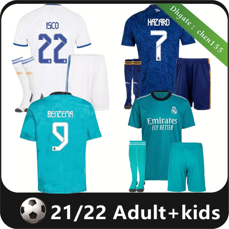 

21 22 adult kit REAL MADRID jerseys soccer football shirtS 2021 2022 ALABA HAZARD BENZEMA MODRIC Kroos VINI JR Casemiro camiseta men kids socks full sets, 21/22 home kit