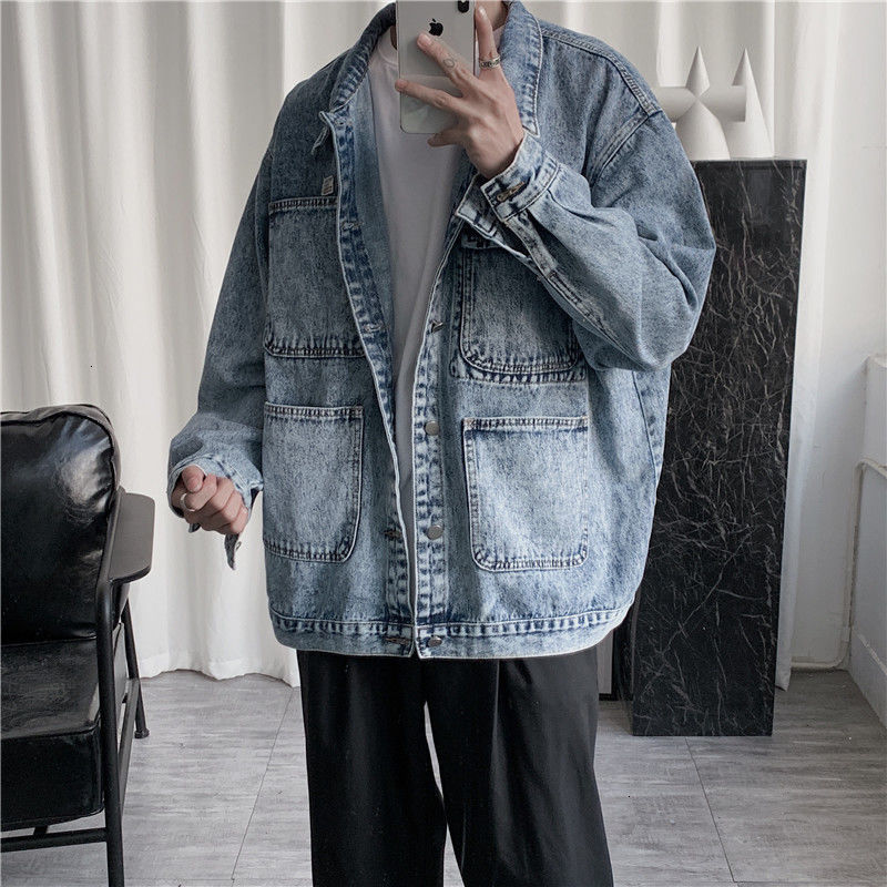 

2021 New Pocket Men's Fashion Retro Casual Cotton Lapel Denim Jackets Mens Streetwear Korean Loose Hip-hop Bomber Jacket Men S0fs, Blue