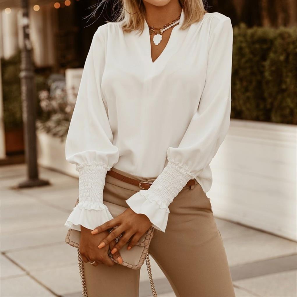 

v neck fashion solid office womens shirts workwear autumn pleated flare long sleeve blusas, White
