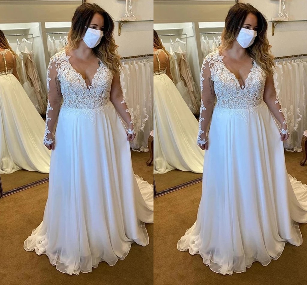 

Elegant Illusion Long Sleeves Lace Country Wedding Dresses Bridal Gown V neck Hollow Back Chiffon Applique Beach Reception Dress, Orange