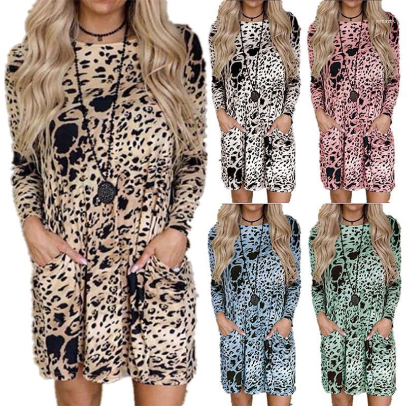 

Plus Size Long Leopard Dress Sleeve O Neck Print Loose 2021 Autumn Winter Women Dresses1, White