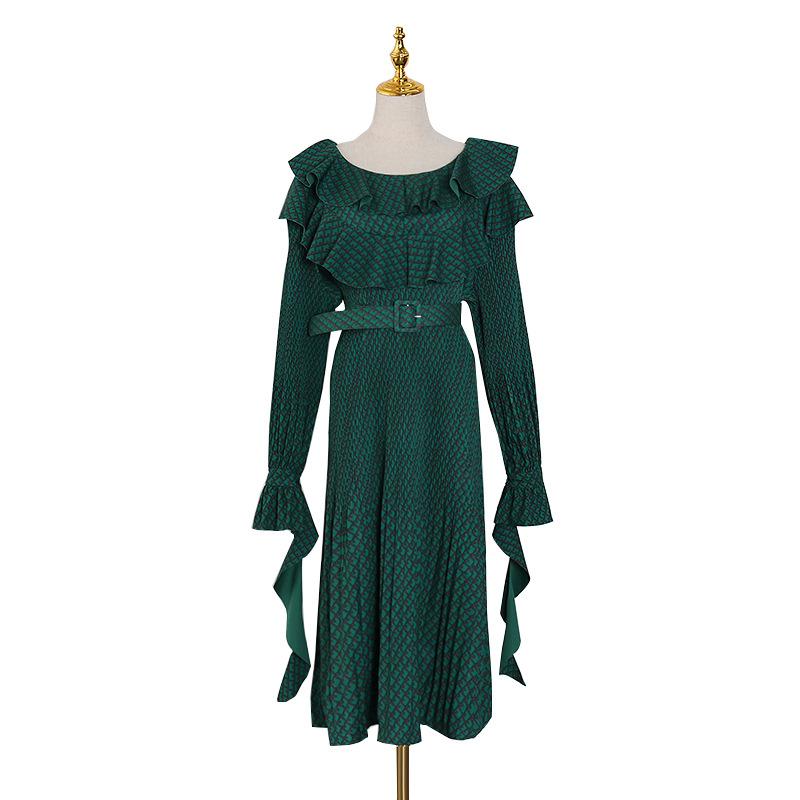 

MSXU Elegant Vintage Retro Print Pleated Ruffled Neck Tunic Belt Fit and Flare Casual Party A Line Women Dress, Green