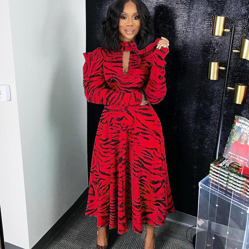 

Casual Dresses 2021 Ladies High Waist Dress Fashion Sexy Hollow Out Tie-Up Turtle Neck Party Women Elegant Stripe Print Long, Black;gray