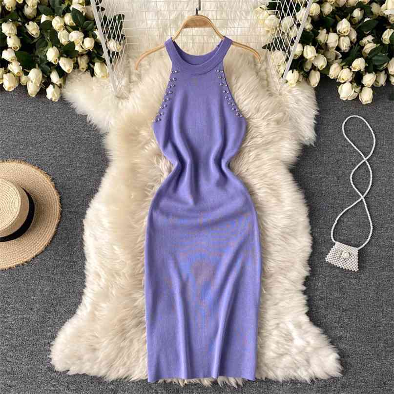 

Summer Dress Solid Rivet Halter Neck Sleeveless Knitted Bodycon Women Elegant Slim Stretch Split Club Party es 210603, Light blue