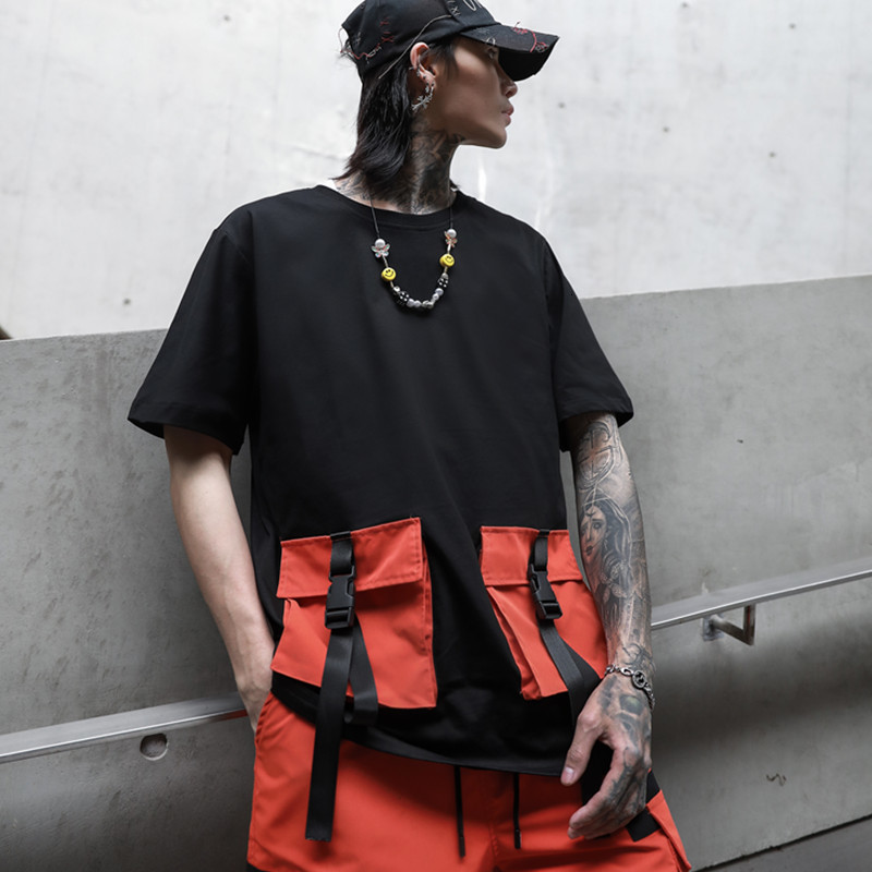 

New 2021 Men's Summer Style Shirt Hip Hop Neck Casual Sleeve Ribbon Loose Decoration Streetwear Top t Men High Quality N0y7, White