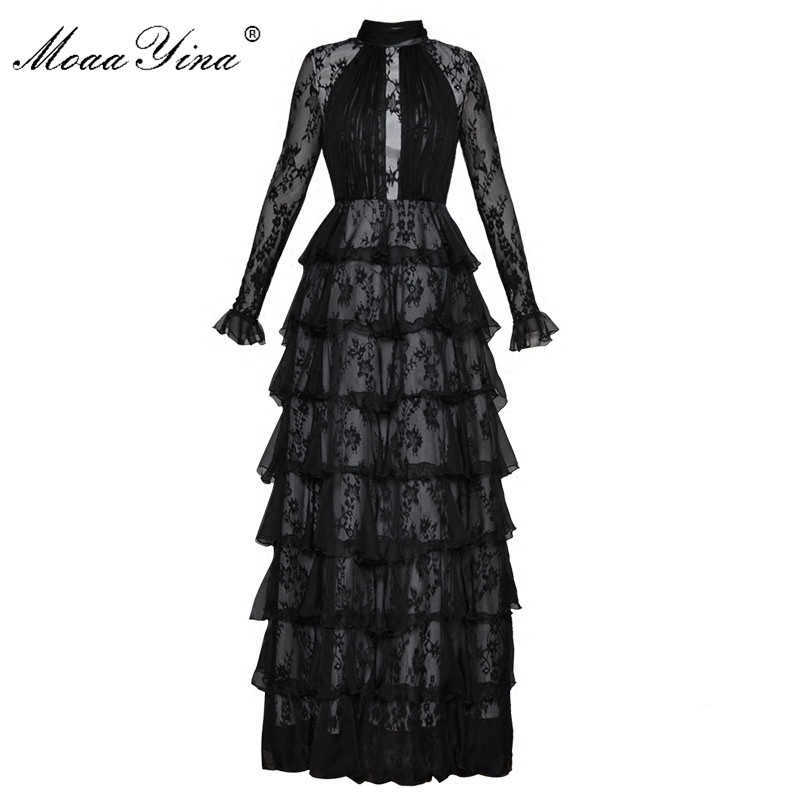 

Fashion Designer Runway Maxi Cake Dress Butterfly sleeve Turtleneck Lace Perspective Pleated Party Elegant 210524, Black
