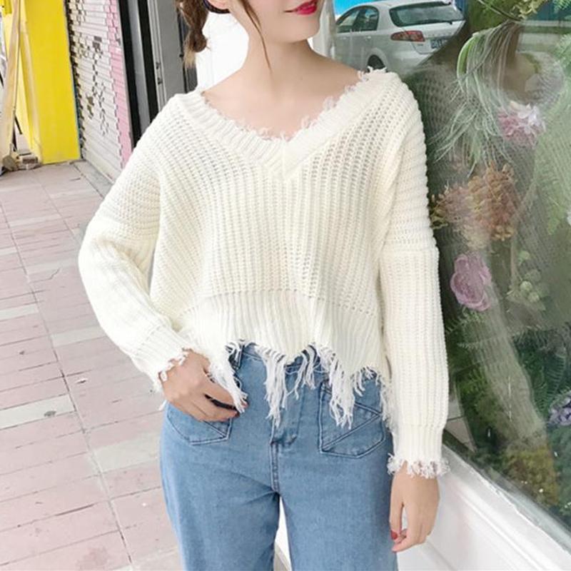 

Women' Sweaters Sweater Autumn Women V Neck Fringe Distressed Knitted Female Long Sleeve Soild Pullover Tops, Black