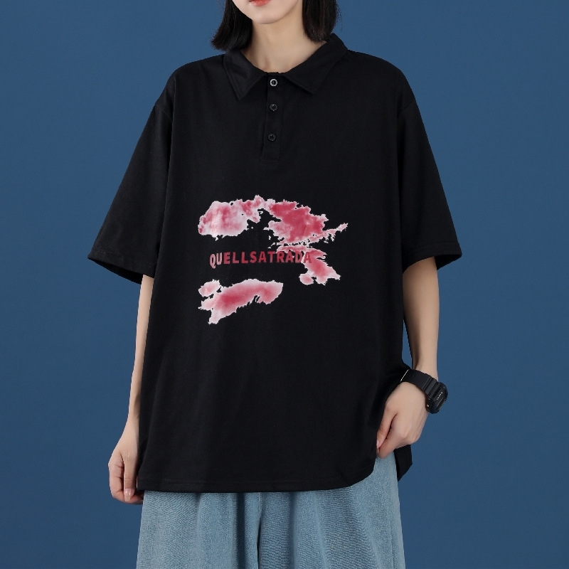 

Printed t-shirt men's and women's ins loose short polo shirt summer Korean fashion versatile Lapel half sleeve top, Black