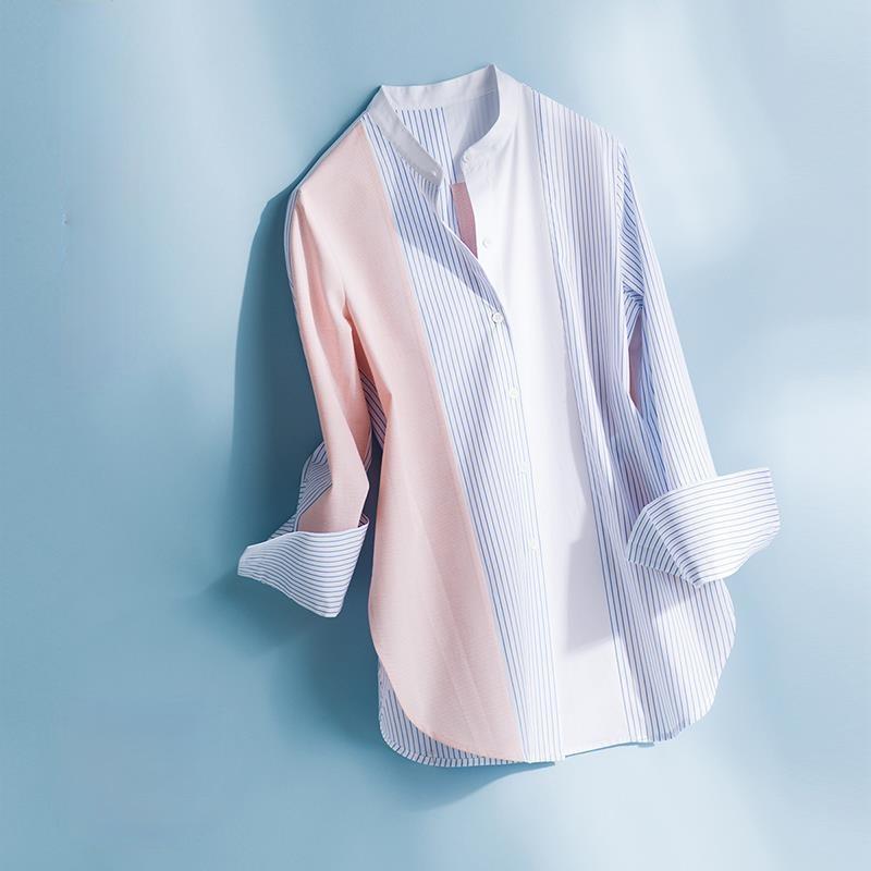 

Women' Blouses & Shirts Patchwork Striped Women Summer Design V-Neck Straight Long-Sleeved Office Lady Elegant Outwear Tops, See chart