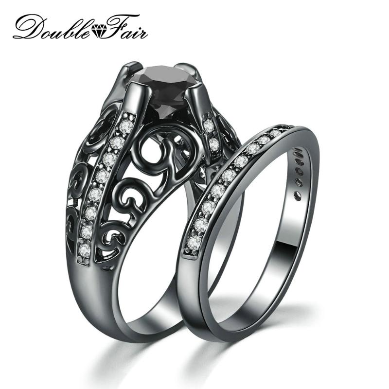 

Cluster Rings Punk Style Couple For Men / Women Black Gold Color Ring Set Nano Stone Women's Jewelry DWYG054, Golden;silver