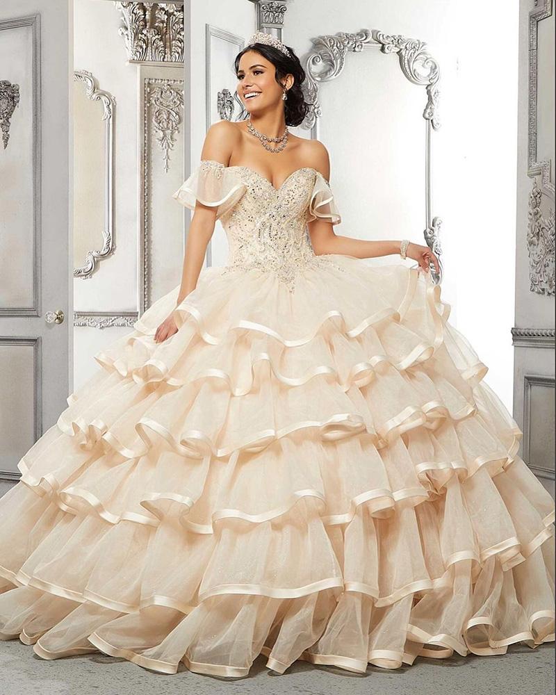

Princess Ball Gown Quinceanera Dress 2022 Off Shoulder Plus Size Tired Train Beads Crystal Croset Back Ruffles Organza Prom Party Gowns, Olive