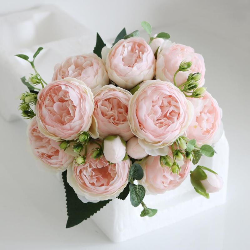 

30cm Rose Pink Silk Bouquet Peony Artificial Flowers 5 Big Heads 4 Small Bud Bride Wedding Home Decoration Fake Flowers Faux, Artificial peony1