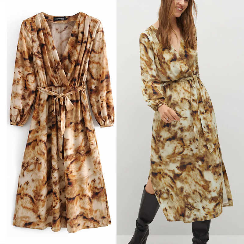 

Za Animal Print Belt Midi Dress Women Long Puff Sleeve Wrap V Neck Elegant Office Dresses Woman Vintage Autumn Vestidos 210602, As picture