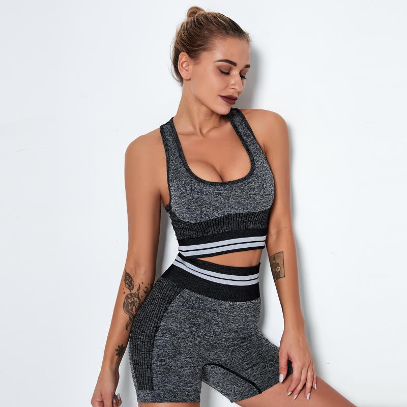 

Women Seamless Yoga Set Fitness Sports Suits GYM Cloth Yoga Long Sleeve Shirts High Waist Running Leggings Workout Pants Bra, Dark grey-bra shorts