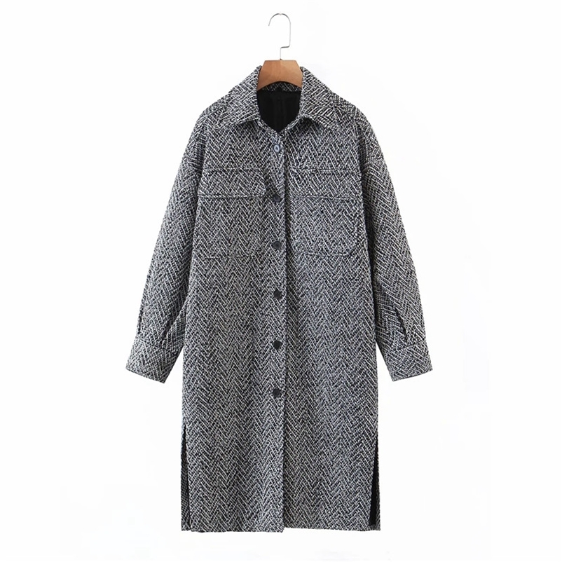 

Merodi Women Winter Fashion Woolen Gray Za Coats Female Stylish Single Breasetd Thick Outwear Ladies Pockes Long Jackets Ovesize 210722