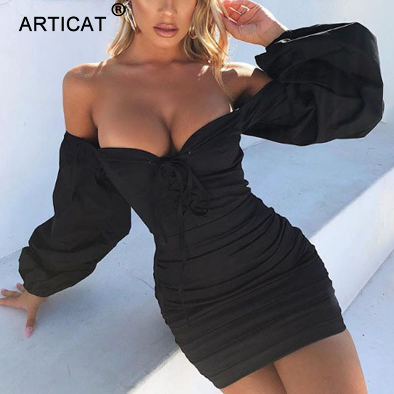

off shoulder bandage dress women solid puff-sleeve skinny dresses ladies wrap chest ruched bodycon party vestidoshigh quality, Black;gray