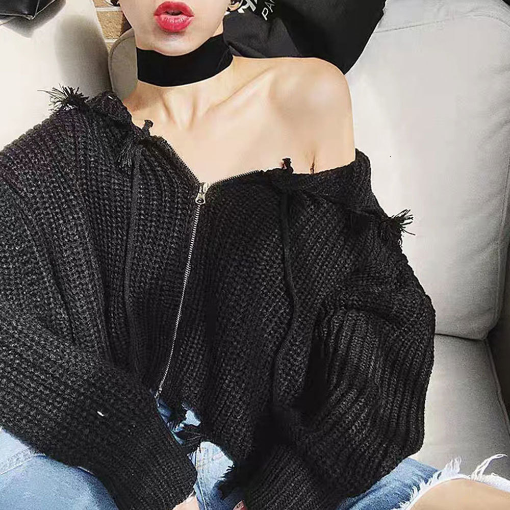 

2021 New Vintage Solid Hollow Tassel Crop Knitted Coat Women Long Sleeve Hooded Sweater Cardigan Batwing Zipper Outwear Qh2z, Black