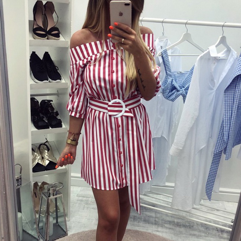 

2021 New Summer Slach Neck Mid Sleeve Casual Half Button with Sashes Stripe Midi Women E0gd, 01