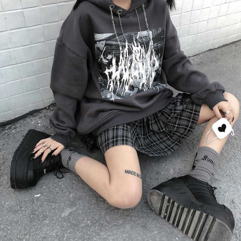 

Gothic women's hooded sweatshirt hip-hop plus size loose Harajuku streetwear tops punk fashion autumn dark 210608, Gray