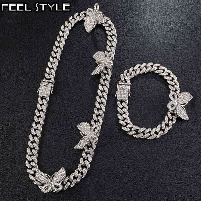 

Hip Hop 13MM Iced Out Paved Rhinestones 1Set Miami Curb Butterfly Cuban Chain CZ Bling Rapper Necklace Bracelet Men Jewelry