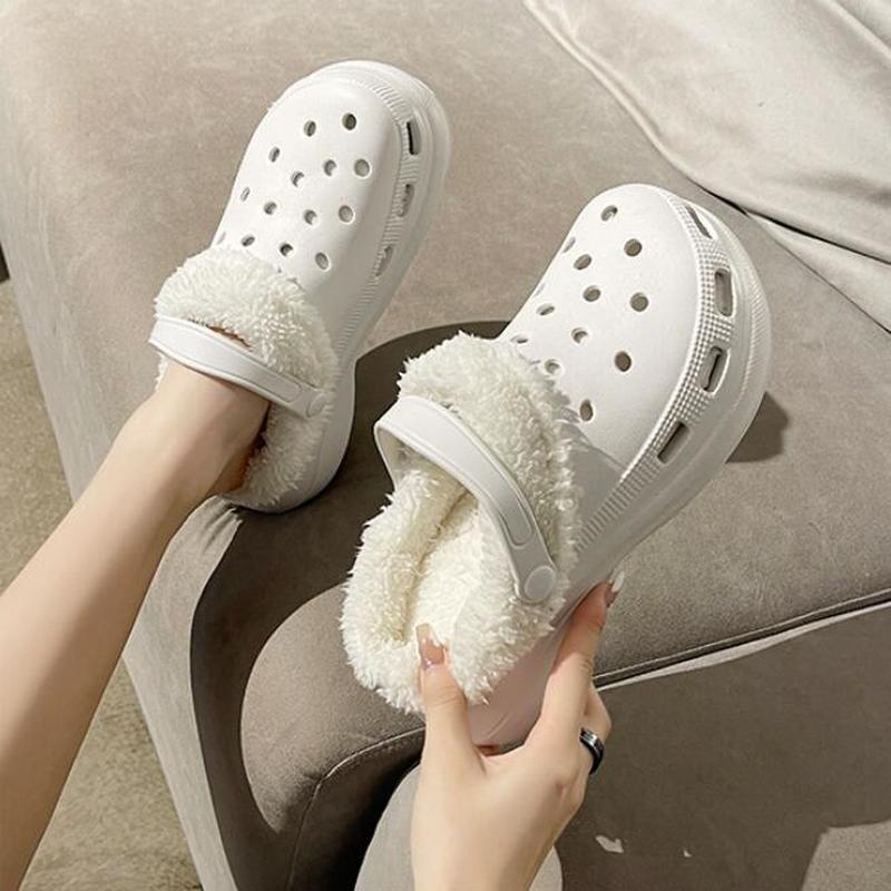 

Slippers Womne's Winter Shoes Plus Velvet Thick-soled Female Hole Cotton Non-slip Casual Platform Outdoor Ladies Footwear, White