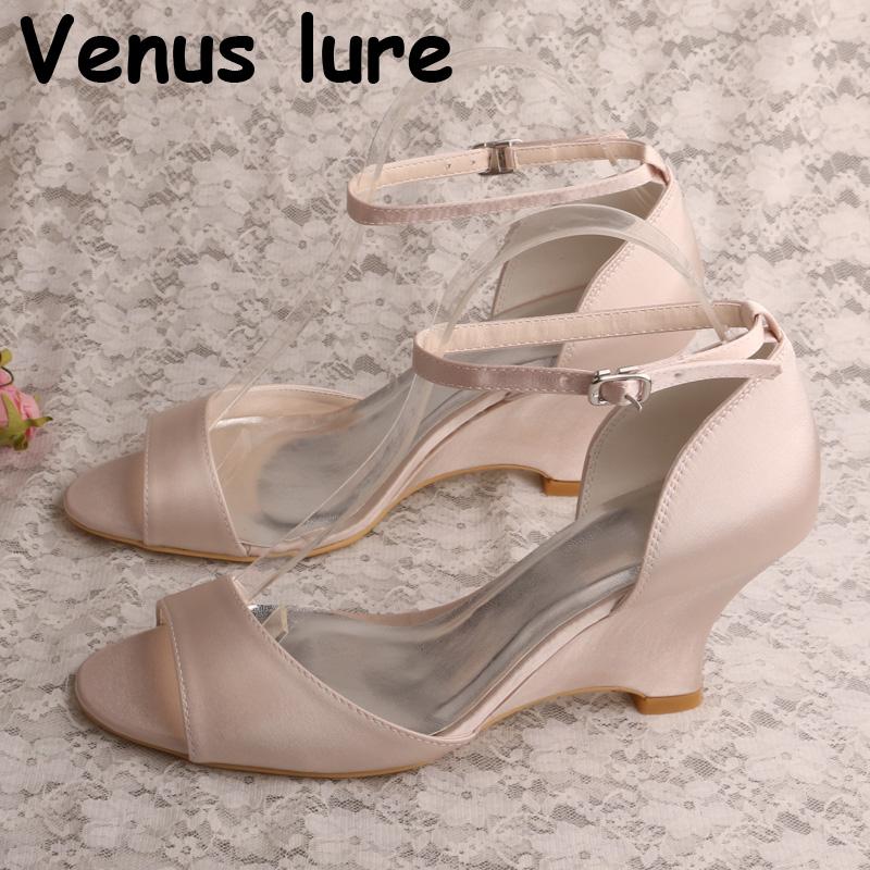 

Nude Satin Prom Shoes Wedge Heel Wedding Sandals Ankle Strap Peep Toe Shoes Handmade, Beige