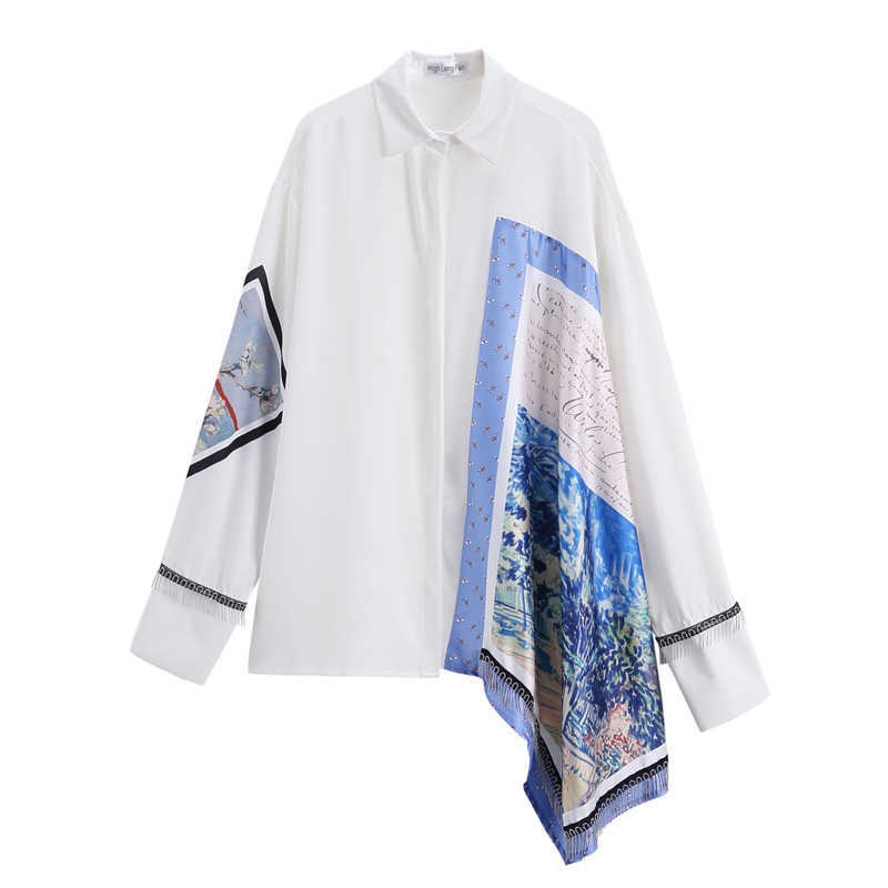 

Korean Spring Elegant Women Shirts Printing Unsymmetrical Loose Women's Casual Full Patchwork 210615, Color matching