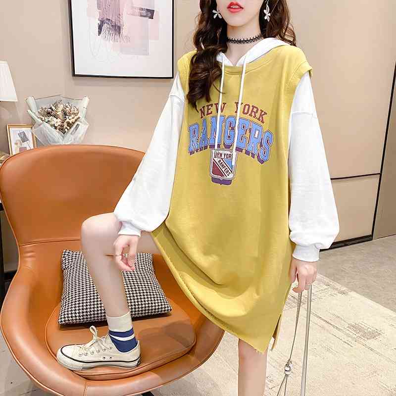 

Autumn winter 2021 Korean version medium and long cut new BF printed hooded fake two-piece sweater loose large women's wear, Szsy#0146# purple