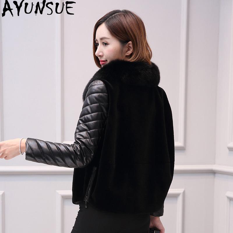 

women's fur & faux ayunsue sheep shearling real coat female genuine leather jacket winter women collar korean jackets my3962, Black