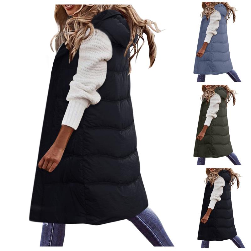 

Women's Vests Long Winter Coat Vest With Hood Sleeveless Warm Down Pockets Quilted Jacket Outdoor, Black;white
