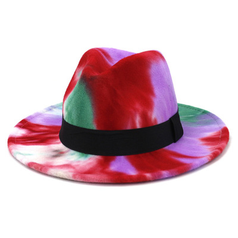 

2021 New Fedora Men Multicolor with Band Belt Winter Tie Dye Colorful Red Yellow Wide Brim Vintage Fascinator Women Hats Dchr
