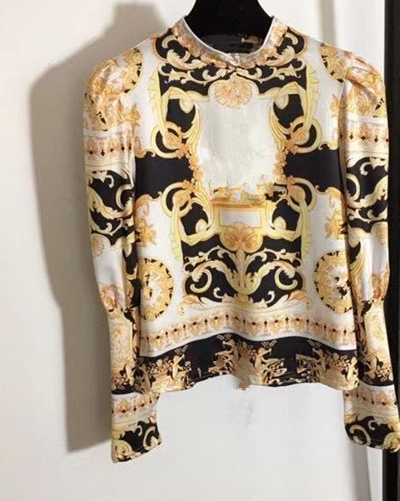 

New Women Printed Shirts Long Sleeve Crew Neck Gold Flower Print Shirt Female Casual Sexy Slim Tops Blouse N1, Multi