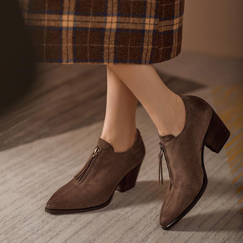 

QZYERAI Fashion Casual Pumps Sexy High Quality Genuine Leather Pointed Toe Square Heel Shoes Slip-on Special Women's Pumps, Black